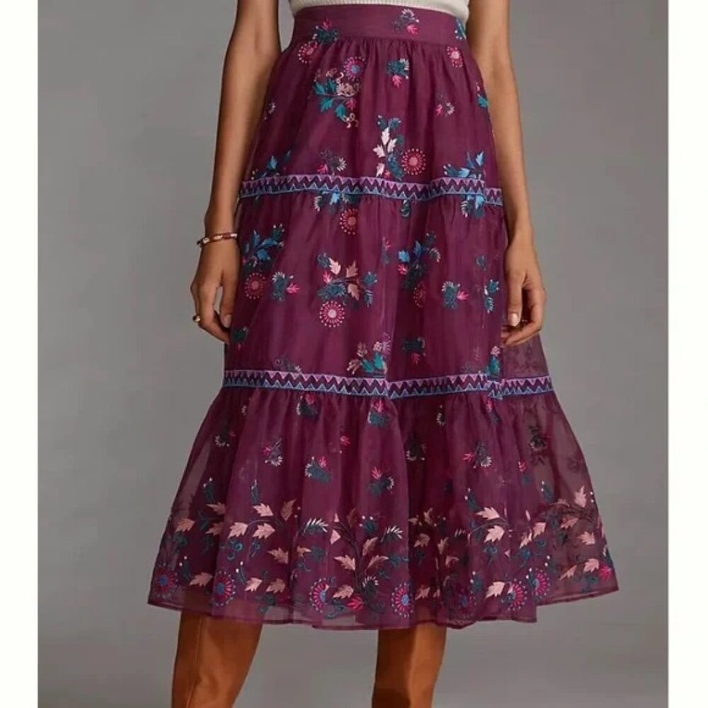 Anthropologie Let Me Be Floral Embroidered Organza Midi Skirt